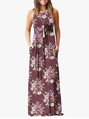 Floral Sleeveless Maxi Dress in Burgundy